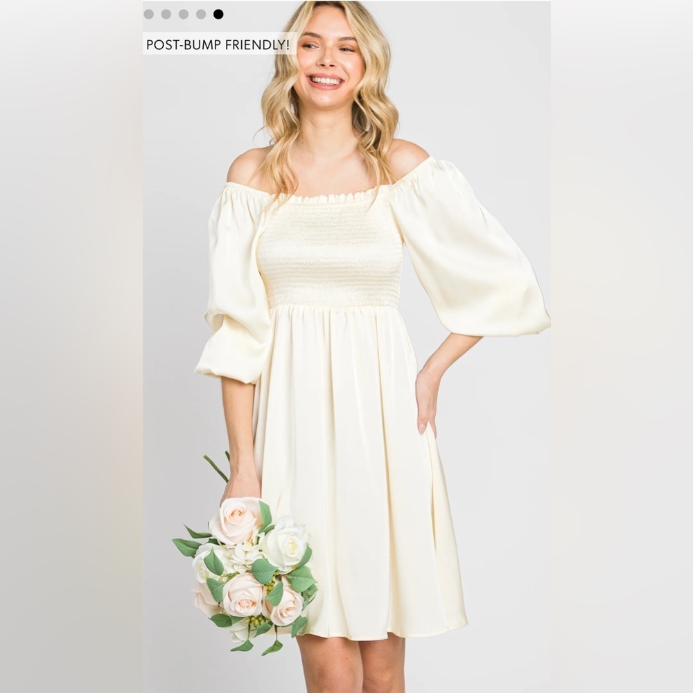 Ivory Satin Smocked Square Neck Dress